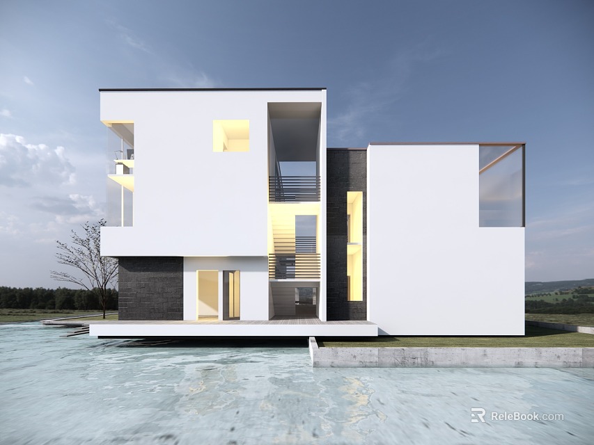 Modern Detached Villa With White Exterior Waterfront Large Windows Balcony Blue Sky And Green Lawn 3d model 