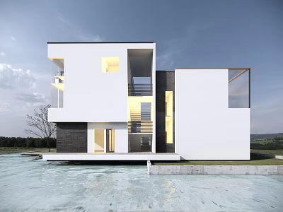 Modern Detached Villa With White Exterior Waterfront Large Windows Balcony Blue Sky And Green Lawn 3d model