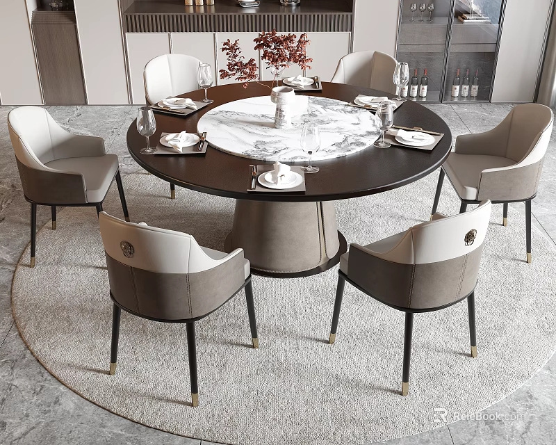 Modern Round Dining Table Set With Marble Top And Six Grey White Chairs For Home Interior 3d model 