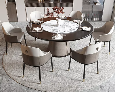 Modern Round Dining Table Set With Marble Top And Six Grey White Chairs For Home Interior 3d model