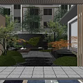 Tranquil Garden Landscape Featuring Courtyard Moss Wall Red Leaf Trees Stone Pavement And Trimmed Shrubs