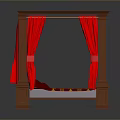 Wooden Four Poster Bed With Red Curtains And Red Gold Patterned Mattress