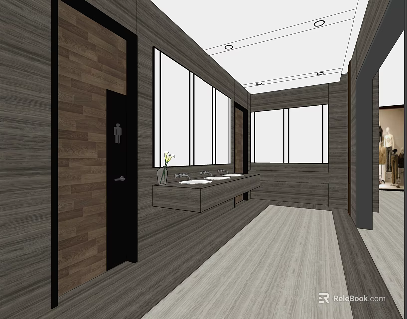 Modern Public Restroom Interior With Wooden Walls Large Windows And Washbasins 3d model 