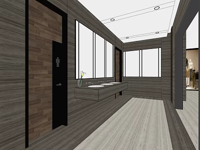 Modern Public Restroom Interior With Wooden Walls Large Windows And Washbasins 3d model