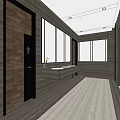 Modern Public Restroom Interior With Wooden Walls Large Windows And Washbasins