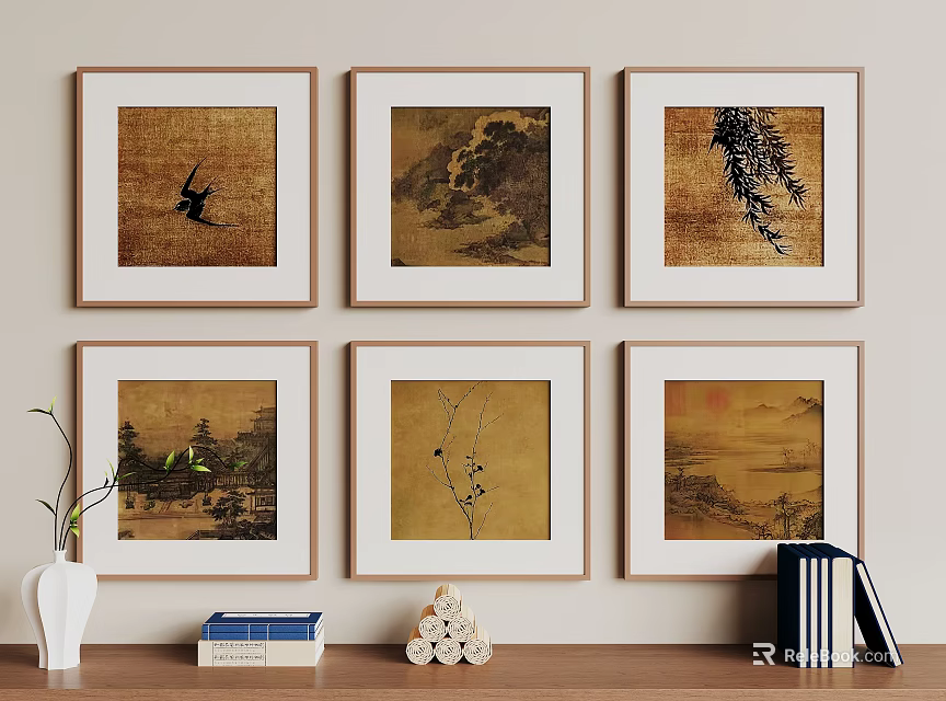 Six Framed Landscape Paintings With Mountain River Bird On Wall Display With Vase And Books 3d model 