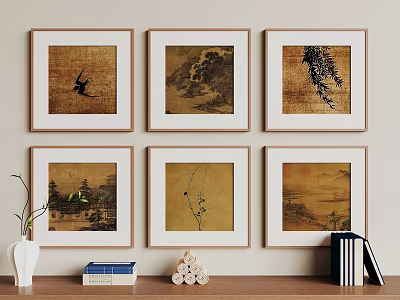 Six Framed Landscape Paintings With Mountain River Bird On Wall Display With Vase And Books 3d model