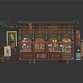 Enchanting Building Interior with Wooden Shelves Colorful Bottles Decorative Banners and Vintage Lamps