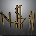 Plant Derived Wooden Structures with Hollow Tubes and Crossed Logs Against Dark Backdrop
