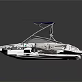 White Recreational Yacht With Blue Canopy And Sleek Modern Design