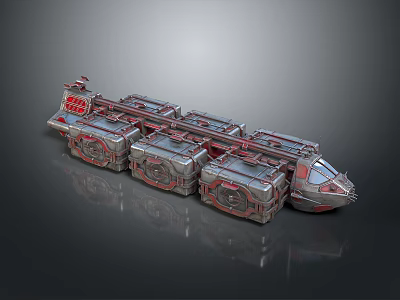 Futuristic Sci-Fi Spaceship 3D Model With Metallic Modular Sections And Red Accents 3d model