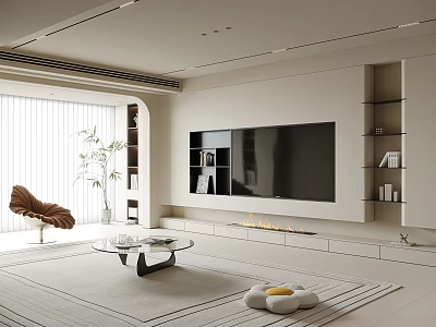 Modern Living Room TV Wall Design With Built In TV Open Shelves And Fireplace 3d model