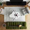Modern Living and Dining Room Interior With Green Sofa White Coffee Table And Chandelier
