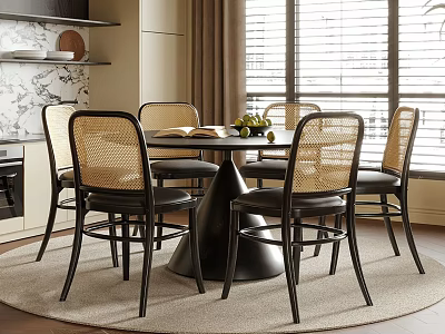 Modern Round Black Dining Table With Woven Backrest Chairs In Kitchen Area With Window Rug 3d model
