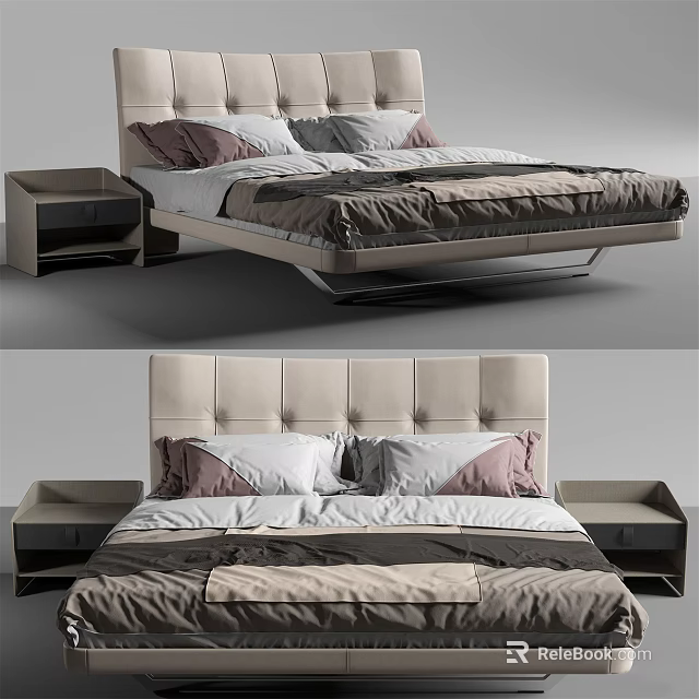 Modern Double Bed With Upholstered Headboard Modern Nightstands And Layered Bedding 3d model