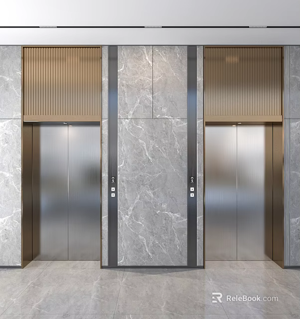 Modern Elevator Hallway Interior With Marble Walls Silver Doors And Wooden Accents 3d model 