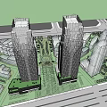 Modern Twin Tall Office Buildings In Urban City With Green Spaces And Architecture