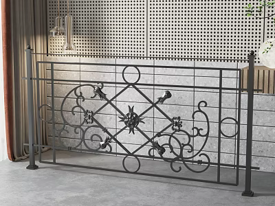 Black Wrought Iron Fence With Intricate Decorative Patterns And Modern Wall Background 3d model