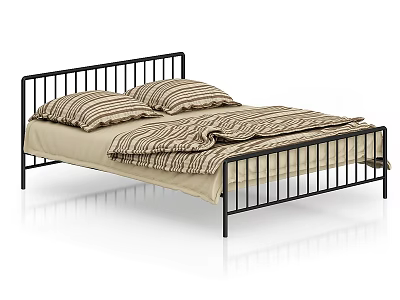 Double Bed With Black Metal Frame Striped Pillows Beige Sheet Striped Blanket Modern Design 3d model