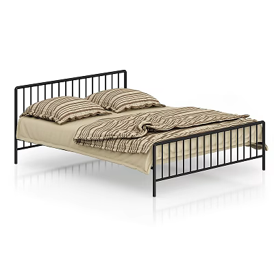 Double Bed With Black Metal Frame Striped Pillows Beige Sheet Striped Blanket Modern Design 3d model