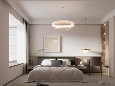 Modern Minimalist Bedroom Interior With Gray Quilt Pillows Ceiling Lamp Window And Desk 3d model
