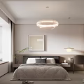 Modern Minimalist Bedroom Interior With Gray Quilt Pillows Ceiling Lamp Window And Desk