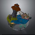 3D Crystal Sphere Model Scene With Red Tower Green Land Blue Water And Small Boat