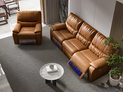 Modern Living Room Brown Leather Sofa and White Round Coffee Table Set With Rug 3d model