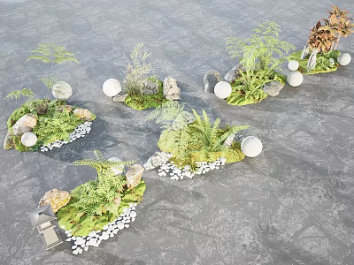Beautiful Flower And Plant Arrangements With Green Ferns Stones And White Decorative Balls 3d model