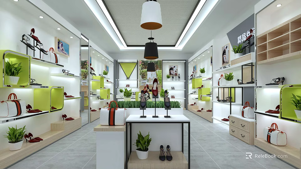Modern Shoes and Bags Store Interior With Display Shelves Green Plants and Lighting 3d model 
