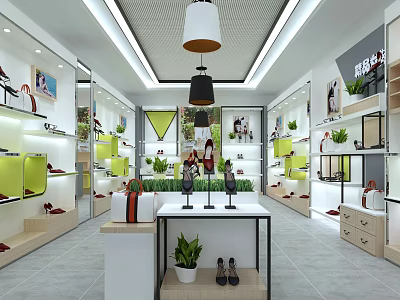 Modern Shoes and Bags Store Interior With Display Shelves Green Plants and Lighting 3d model