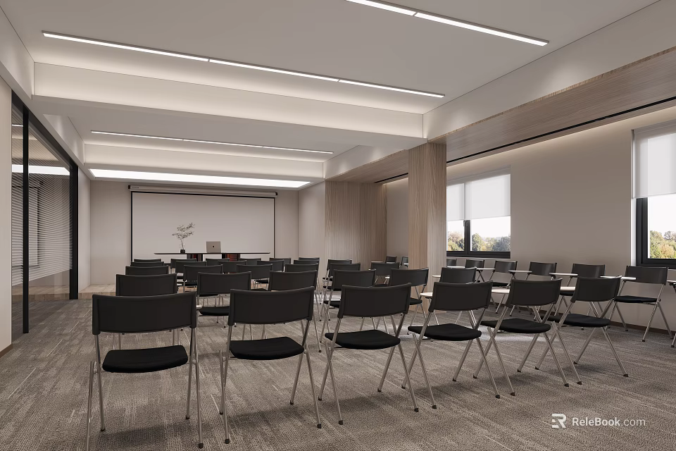 Modern Conference Room Interior With Tables Chairs Projection Screen Wooden Walls And Lighting 3d model 