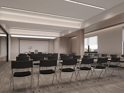 Modern Conference Room Interior With Tables Chairs Projection Screen Wooden Walls And Lighting 3d model