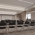 Modern Conference Room Interior With Tables Chairs Projection Screen Wooden Walls And Lighting