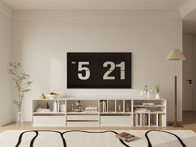 White TV Stand with Shelves Books Decor Floor Lamp Green Plant and TV Showing Time 3d model