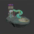 Colorful Water Slide Structure With Pool And Metal Tower On Concrete Base