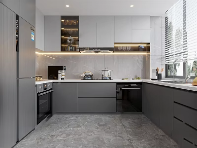 Modern Gray Kitchen Interior Design With Integrated Cabinets Countertop And Appliances 3d model