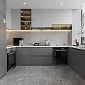 Modern Gray Kitchen Interior Design With Integrated Cabinets Countertop And Appliances