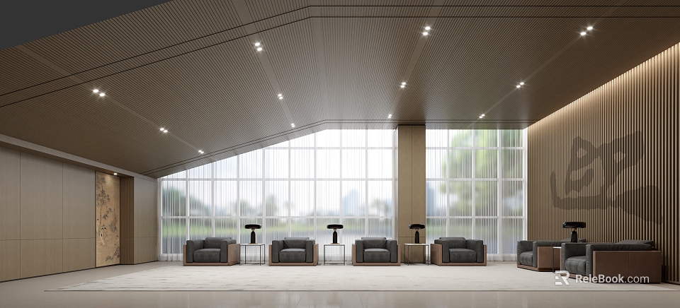 Modern Hotel Public Lounge With Large Windows Green Views Gray Sofas And Ceiling Light Strips 3d model 