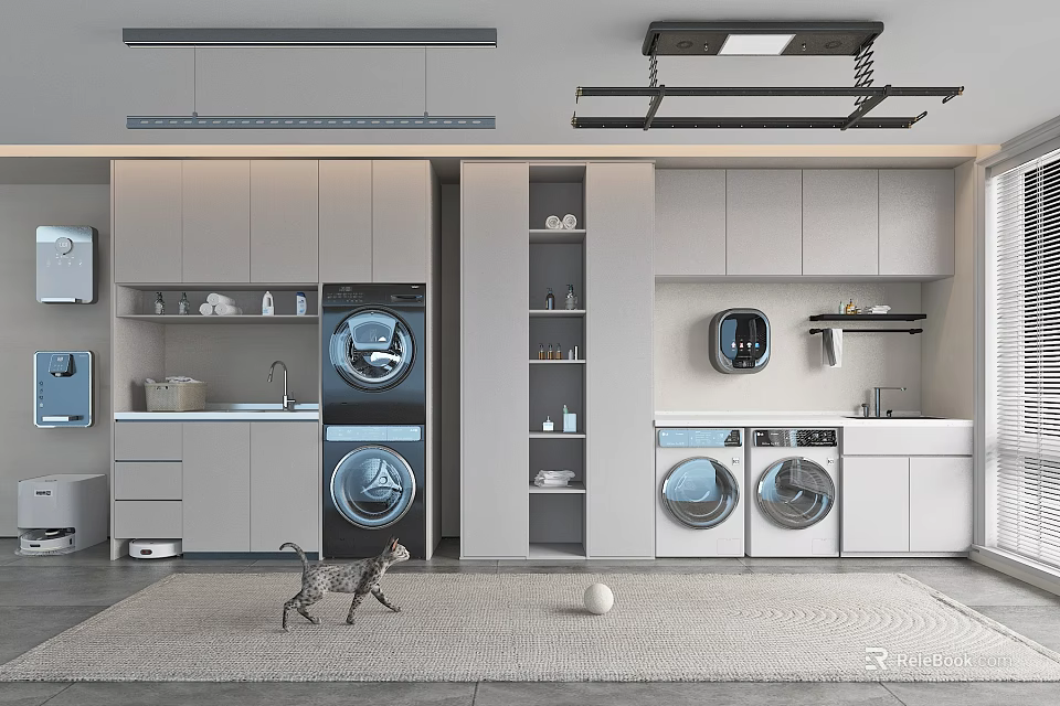 Home Balcony Laundry Area With Washing Machine Dryer Storage Cabinets Shelves And Cat 3d model 