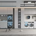 Home Balcony Laundry Area With Washing Machine Dryer Storage Cabinets Shelves And Cat