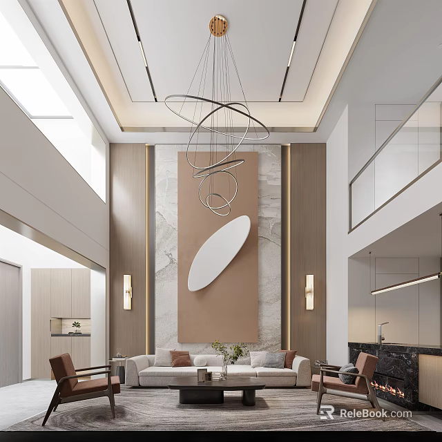 Modern Duplex Living Room Interior With High Ceiling Curved Chandelier And Marble Accent Wall Sofa 3d model 