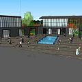 Modern Commercial Street Featuring Glass Facades Circular Fountain Plaza And Pedestrians