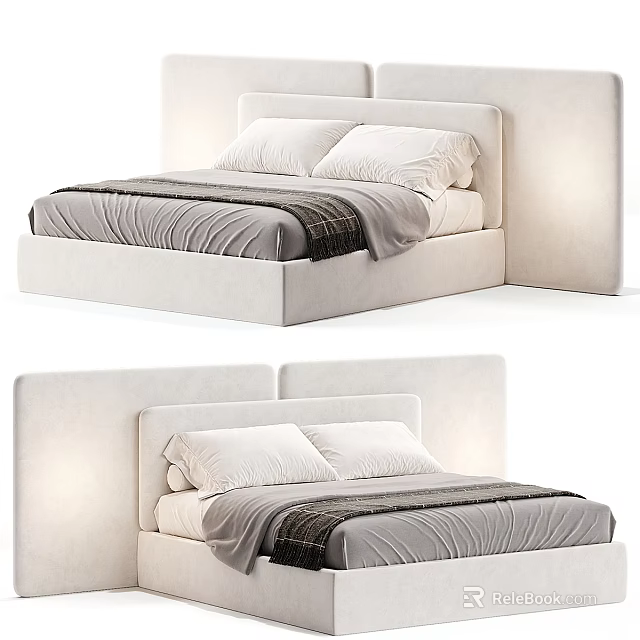 Modern Upholstered Bed with Soft Headboard White Pillows and Gray Blanket 3d model 