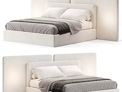 Modern Upholstered Bed with Soft Headboard White Pillows and Gray Blanket 3d model