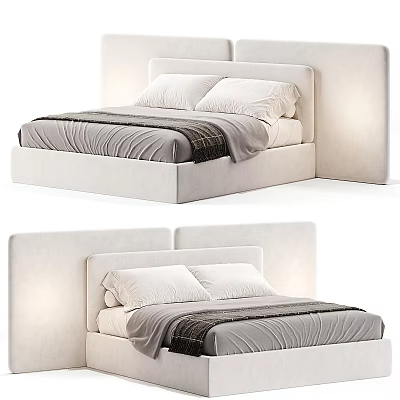 Modern Upholstered Bed with Soft Headboard White Pillows and Gray Blanket 3d model