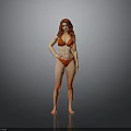 Woman With Red Hair In Red Bikini Standing Pose On Gray Black Background