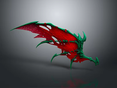 Red Green Dragon Wing 3D Sculpture With Decorative Intricate Design Details 3d model