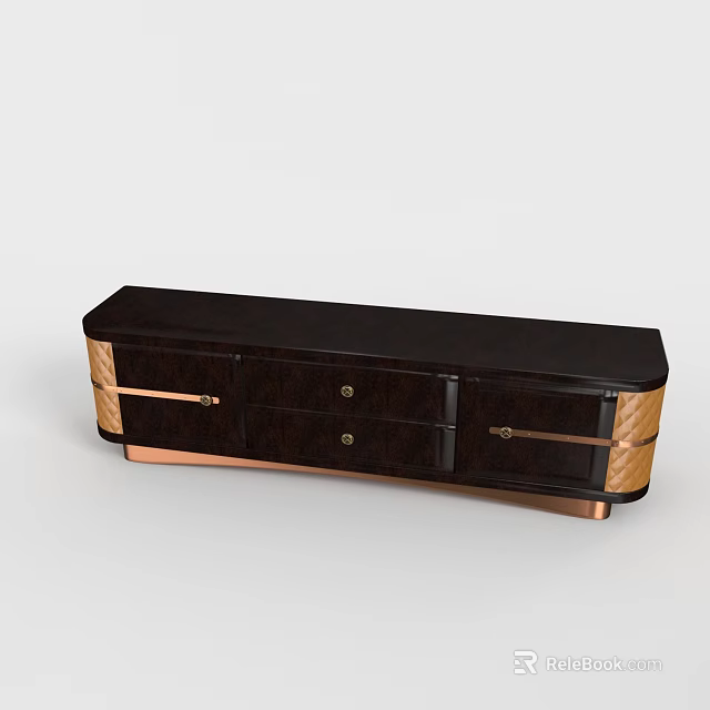 Modern Dark Wood TV Stand With Drawers Cabinets And Copper Accents 3d model 