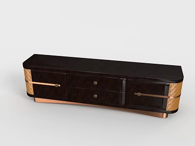Modern Dark Wood TV Stand With Drawers Cabinets And Copper Accents 3d model